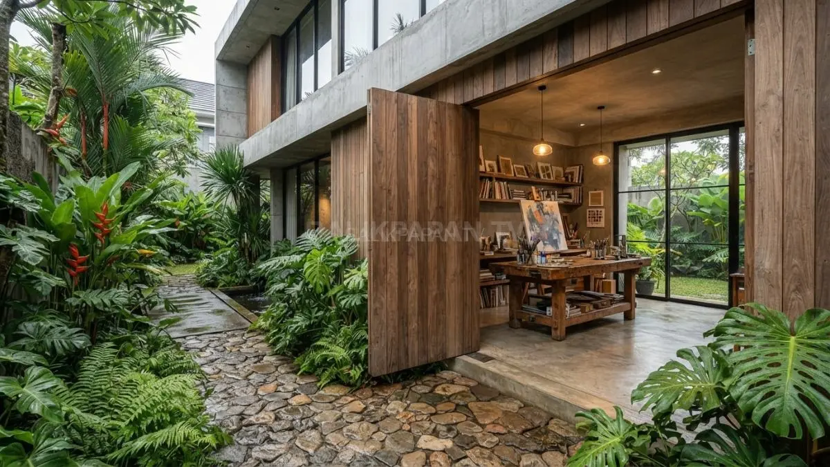 Ilustrasi studio seni tersembunyi menghadirkan ruang kreatif privat dengan akses taman dan pintu kamuflase. (BTV/Ai)