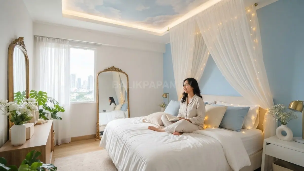 Inspirasi biophilic design menghadirkan ketenangan melalui warna alami, pencahayaan lembut, dan dekorasi bertema langit indah. (BTV/AI)