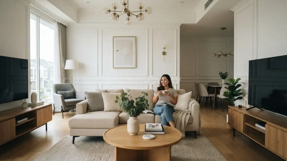 Inspirasi ruang tamu ala Eropa modern dengan dominasi warna netral yang menghadirkan kesan elegan dan nyaman (BTV/AI).