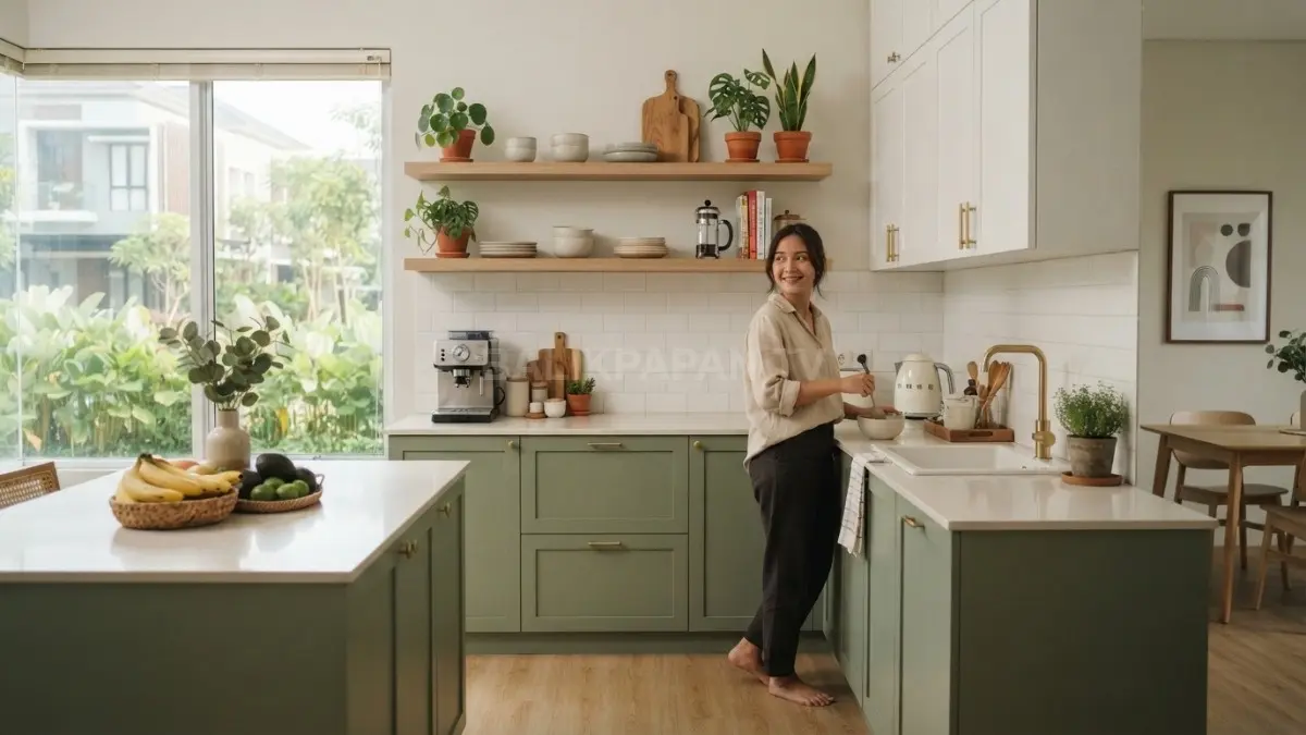 Interior dapur bergaya minimalis dengan kombinasi kabinet sage green dan putih elegan nyaman modern harmonis (BTV.AI)