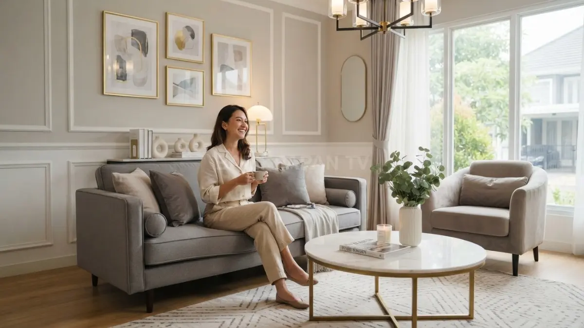 Interior modern classic Eropa menampilkan sofa elegan, panel dinding, marmer, dan aksen emas minimalis (BTV/AI)
