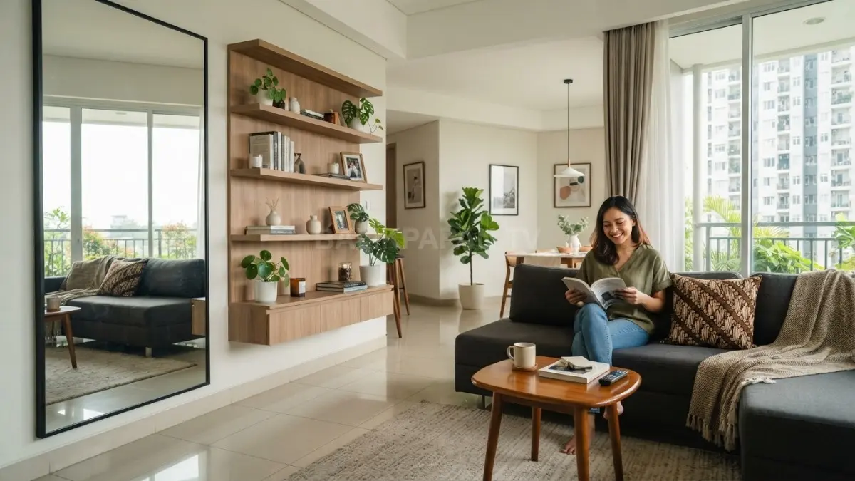Interior rumah dengan cermin besar dan rak dinding menciptakan kesan ruang lebih luas alami (BTV/AI)