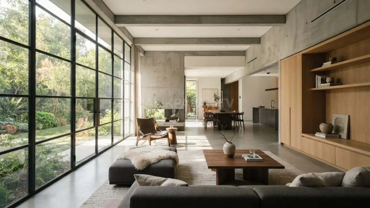 Interior rumah minimalis dengan material beton dan kayu yang mendapat pencahayaan alami dari jendela berukuran lebar. (BTV/AI)