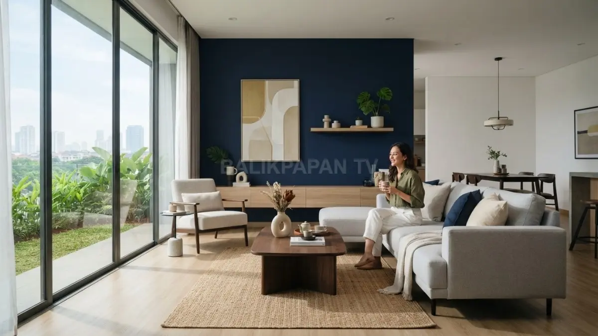 Interior rumah minimalis menggunakan dinding navy sebagai aksen untuk menghadirkan kesan luas dan modern. (BTV/AI)
