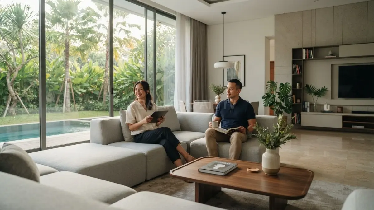 Interior rumah modern dengan ruang tamu luas, furnitur minimalis, dan pencahayaan alami yang elegan. (BTV/AI)