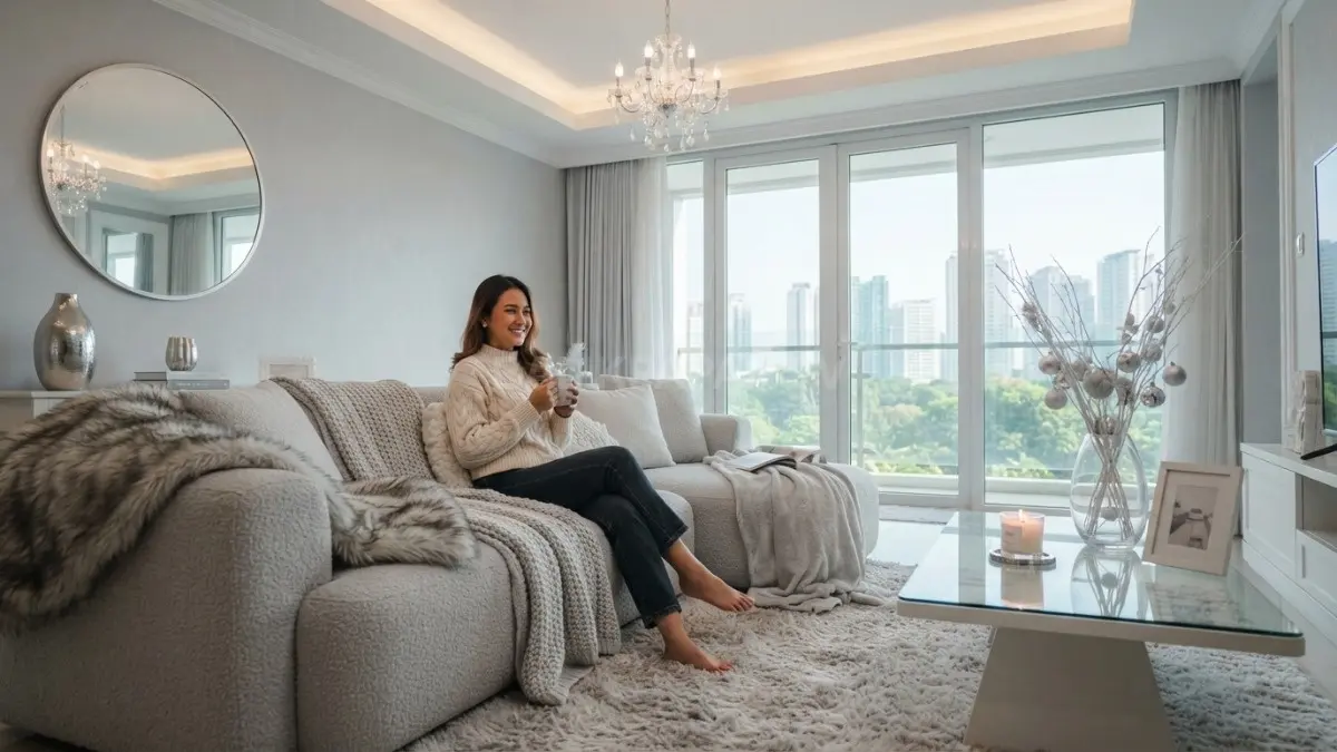 Interior rumah musim salju elegan dengan nuansa putih, tekstur lembut, dan pencahayaan hangat sepanjang tahun (BTV/AI)
