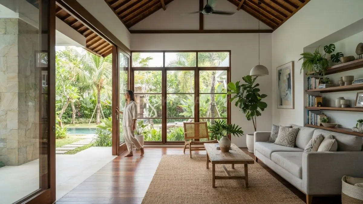 Interior rumah tradisional dengan jendela besar dan bukaan lebar sebagai contoh ventilasi alami untuk hunian tropis. (BTV/AI)