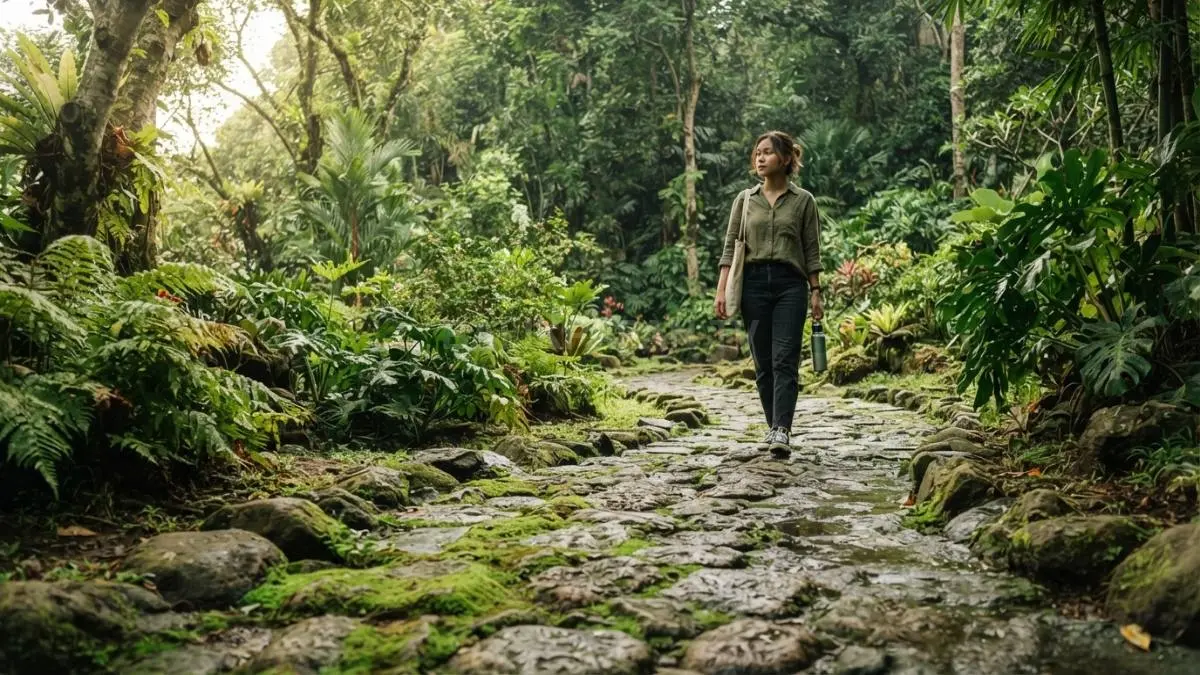 Jalur taman bernuansa alami dengan lumut di sela batu pijakan menghadirkan suasana asri menyatu harmonis. (BTV/AI)
