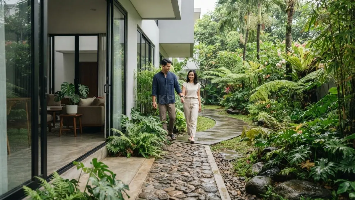 Jalur transisi menuju taman belakang dengan batu sungai menyatukan ruang dalam dan luar secara alami harmonis. (BTV/AI)