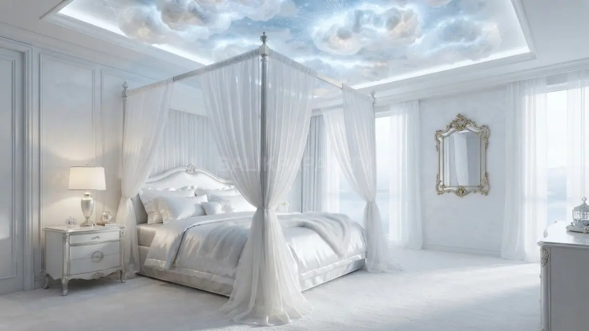 Kamar bergaya istana awan bernuansa putih, biru, dan emas menghadirkan kemewahan tenang bak kerajaan langit megah (BTV/AI)