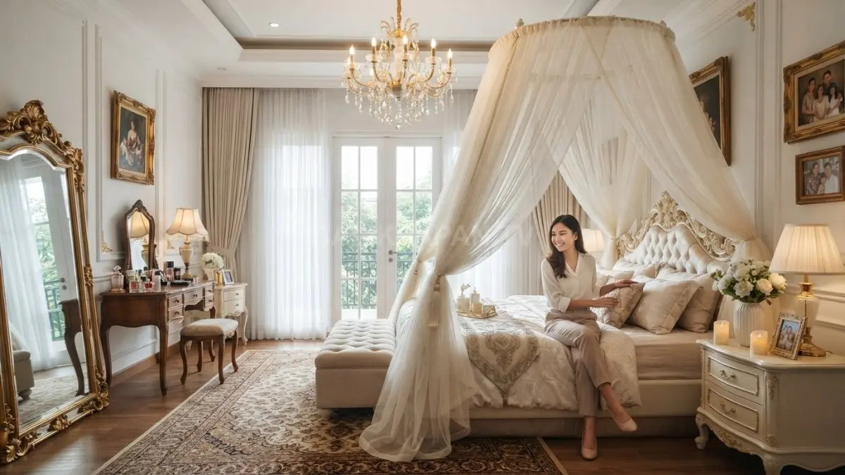 Kamar bertema putri kerajaan fantasi menghadirkan nuansa elegan, dramatis, mewah, dan penuh sentuhan klasik berkelas. (BTV/AI)