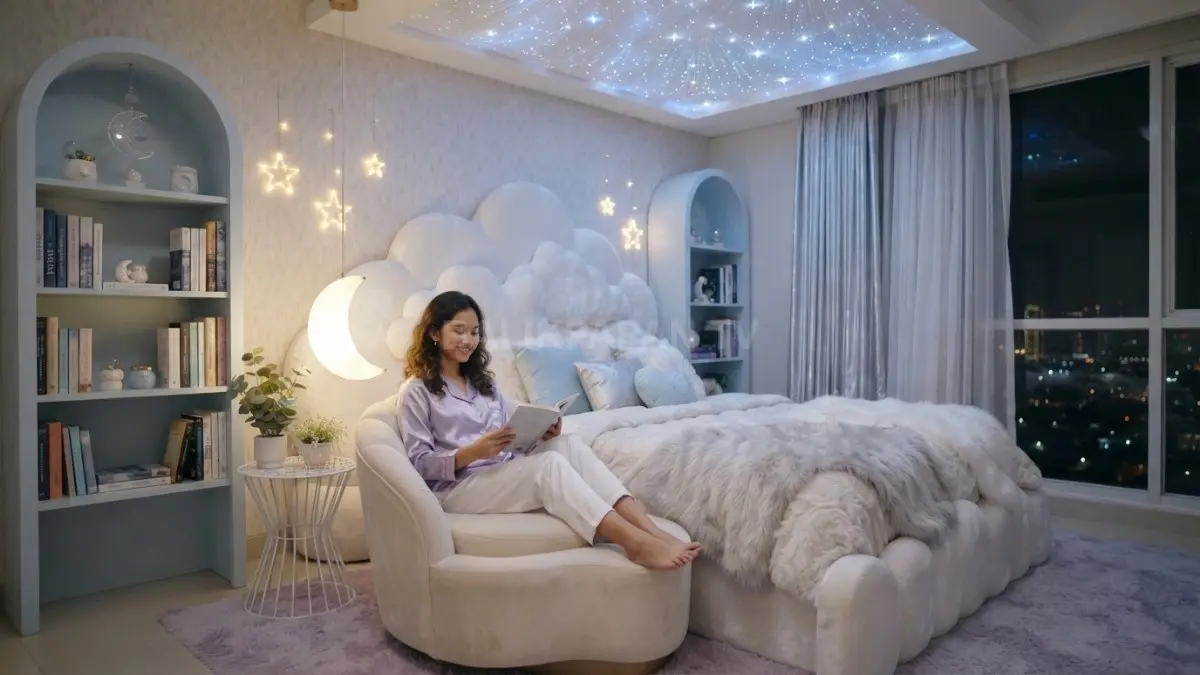 Kamar bertema putri kerajaan langit menghadirkan nuansa elegan melalui dominasi warna lembut berkilau memikat. (BTV/AI)