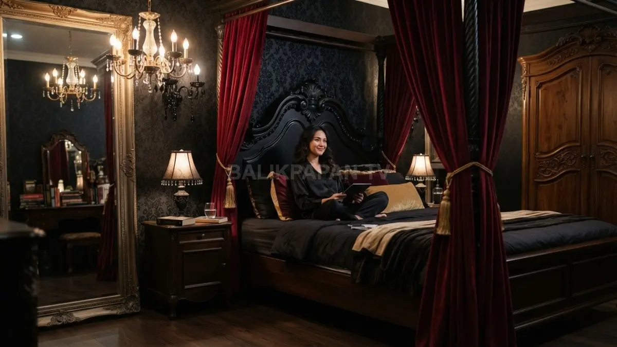 Kamar bertema putri kerajaan vampire gothic memadukan kemewahan misterius, nuansa dramatis, furnitur klasik elegan.(BTV/AI)
