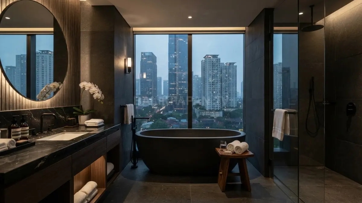 Kamar mandi berwarna gelap menghadirkan nuansa modern, elegan, mewah, menyerupai suasana hotel berbintang yang nyaman. (BTV/AI)