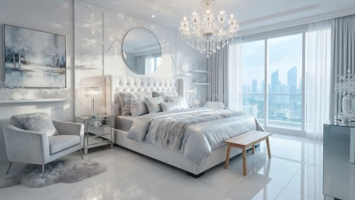 Kamar putri kerajaan es modern dengan dekorasi kristal, putih elegan, dan nuansa musim dingin mewah (BTV/AI)
