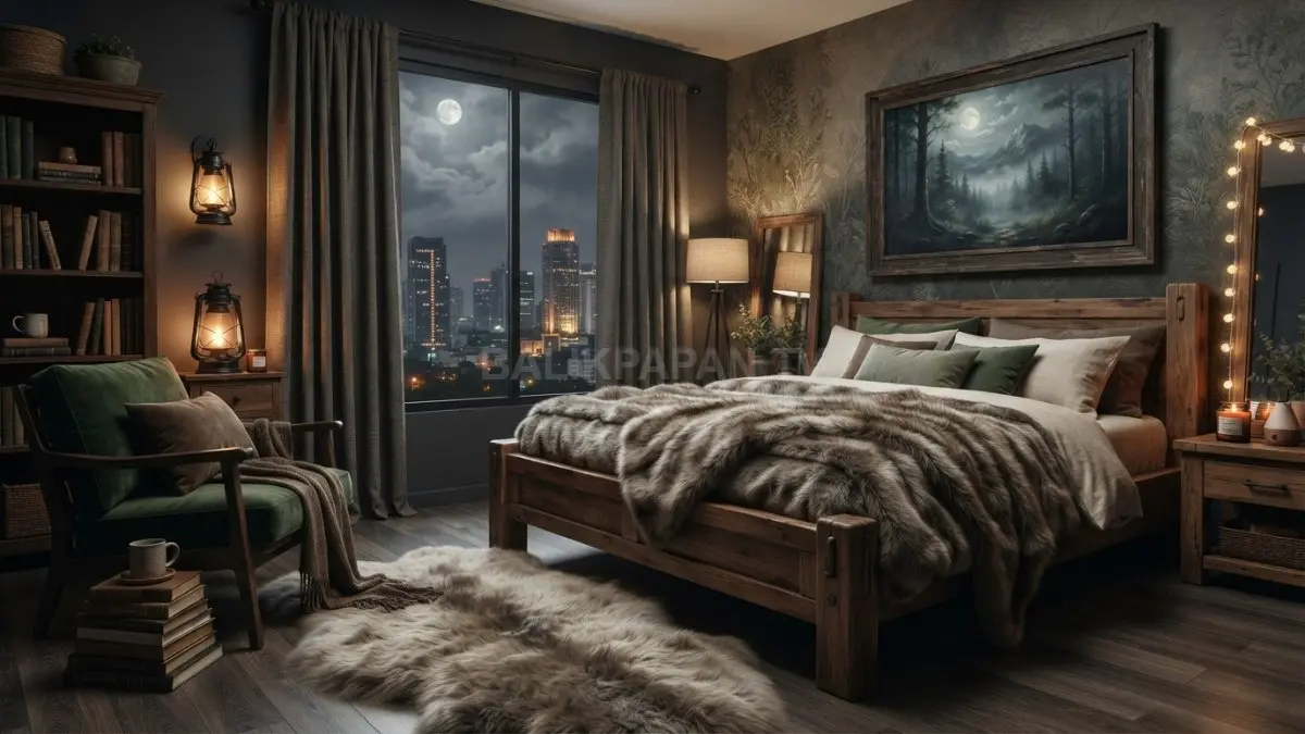 Kamar putri kerajaan werewolf memadukan kayu, warna alami, pencahayaan hangat, menghadirkan kemewahan berkarakter kuat elegan. (BTV/AI)
