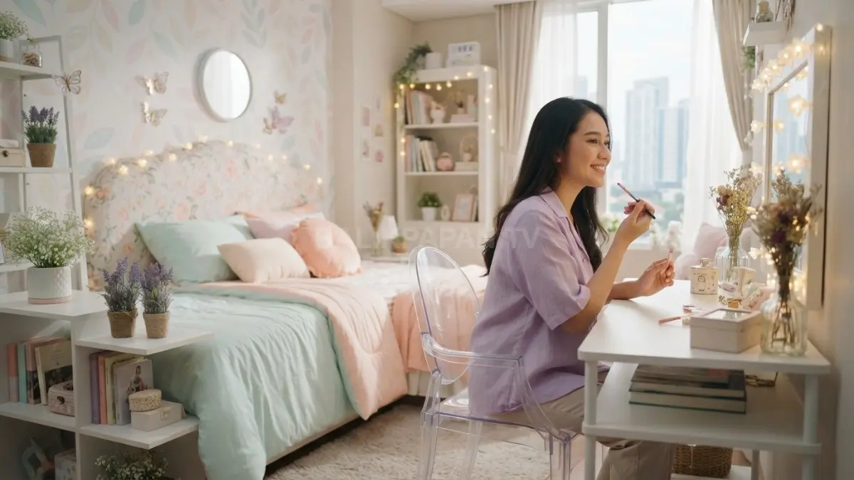 Kamar putri peri bernuansa pastel dengan lampu bunga menciptakan suasana magis, ceria, dan menenangkan (BTV/AI)
