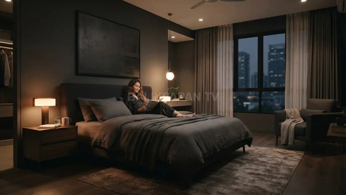 Kamar tidur bernuansa charcoal menghadirkan suasana tenang, nyaman, elegan, dan mendukung kualitas istirahat penghuni setiap malam. (BTV/AI)