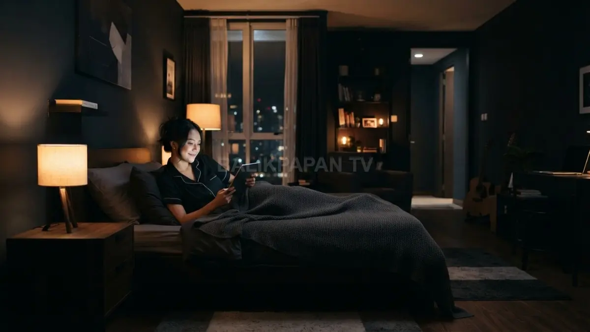 Kamar tidur bernuansa gelap dengan lampu hangat menciptakan suasana nyaman dan ilusi ruang lebih dalam. (BTV/AI)