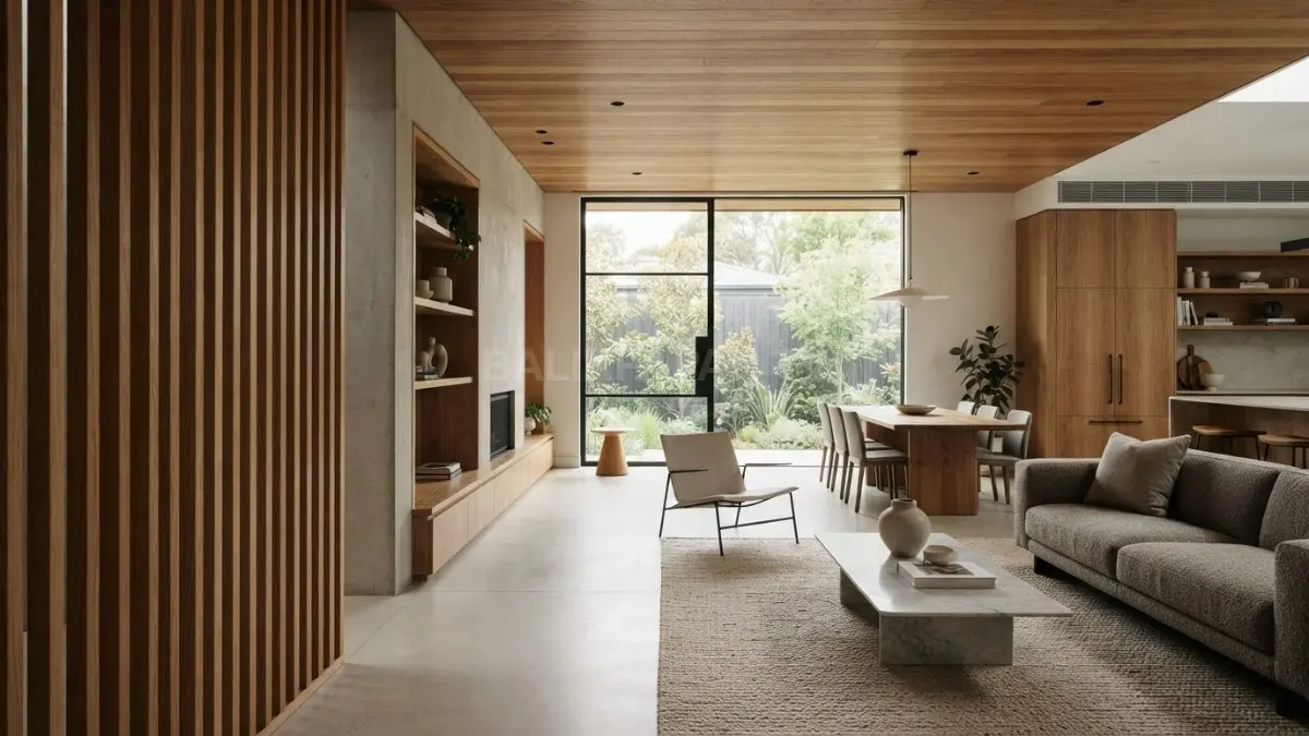 Kayu menghadirkan tekstur alami yang menghangatkan ruang minimalis dan memperkuat keseimbangan visual melalui aksen interior. (BTV/AI)
