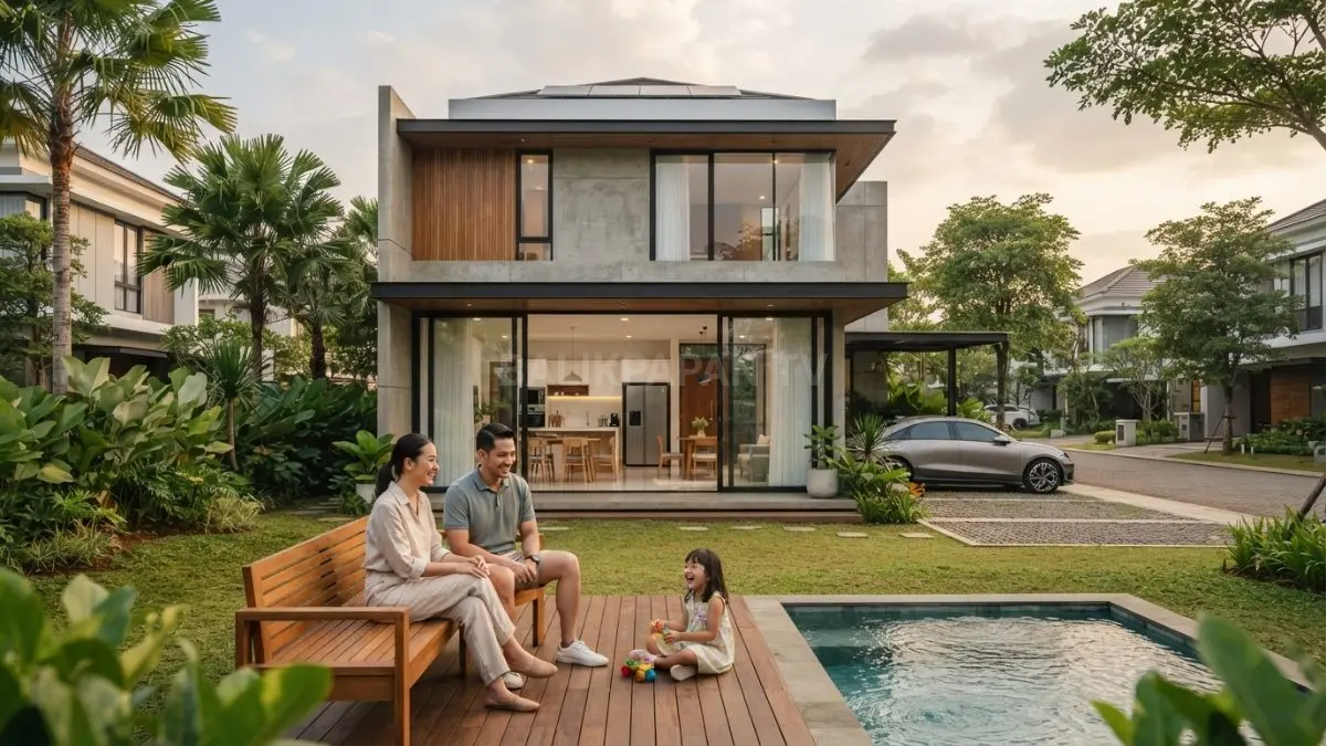 Keluarga menikmati suasana rumah minimalis modern yang nyaman, fungsional, dan menyatu dengan ruang hijau. (BTV/AI)