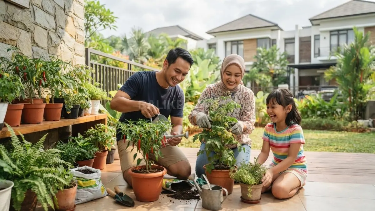 Keluarga merawat tanaman cabai dan tomat dalam pot di teras rumah sebagai bagian dari penerapan gaya hidup urban farming yang sehat, hemat, dan ramah lingkungan. (BTV/AI)