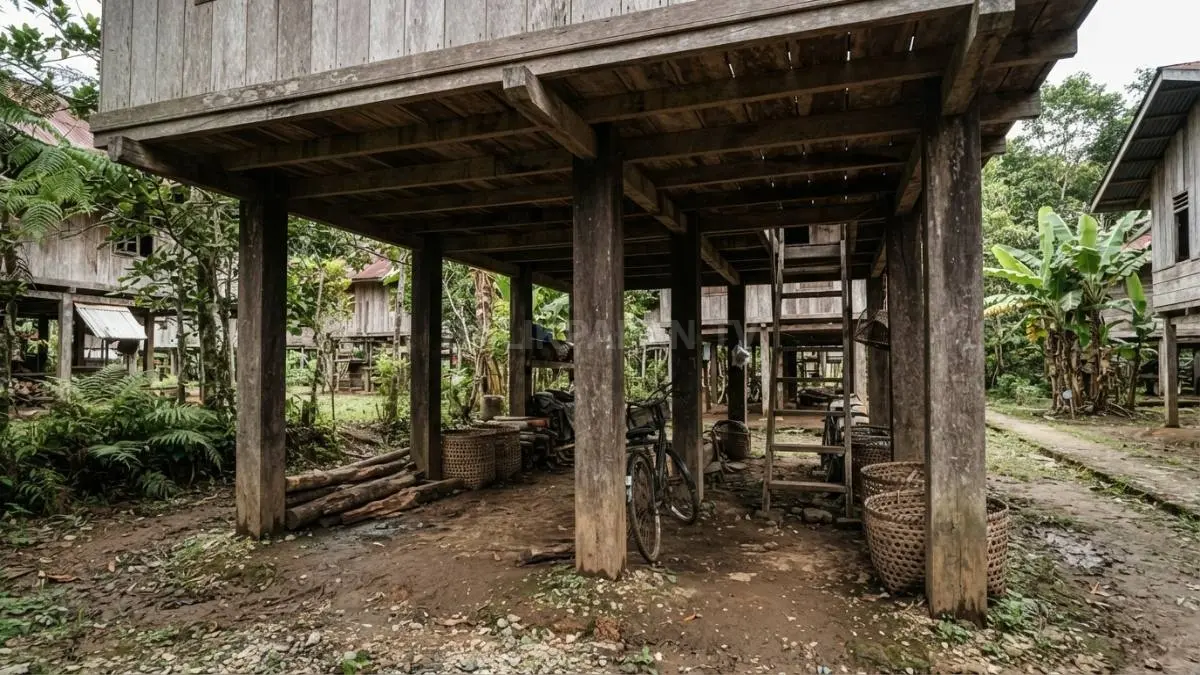 Kolong rumah panggung membantu sirkulasi udara dan mengurangi panas dari permukaan tanah di kawasan tropis Nusantara. (BTV/AI)
