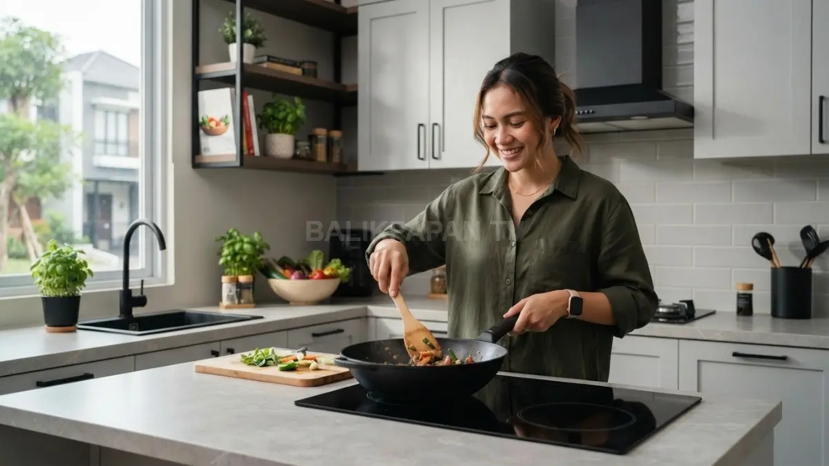 Kombinasi abu-abu muda dan hitam menghadirkan kesan modern elegan tanpa membuat dapur terasa gelap (BTV.AI)