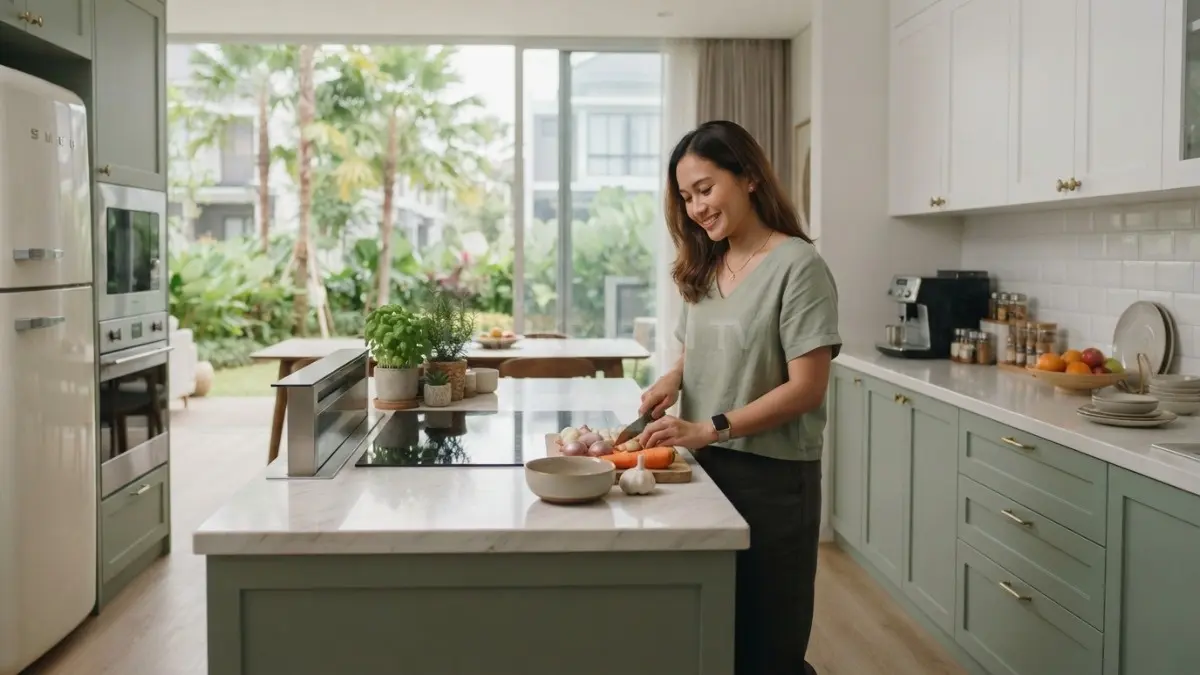 Kombinasi sage green dan putih menciptakan dapur terasa segar, alami, nyaman, modern, elegan, menenangkan setiap hari (BTV.AI)