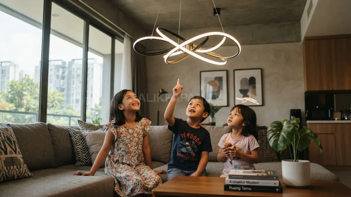 Lampu gantung minimalis menjadi sentuhan sempurna untuk menghadirkan ruang tamu modern yang elegan dan hangat (BTV/AI)