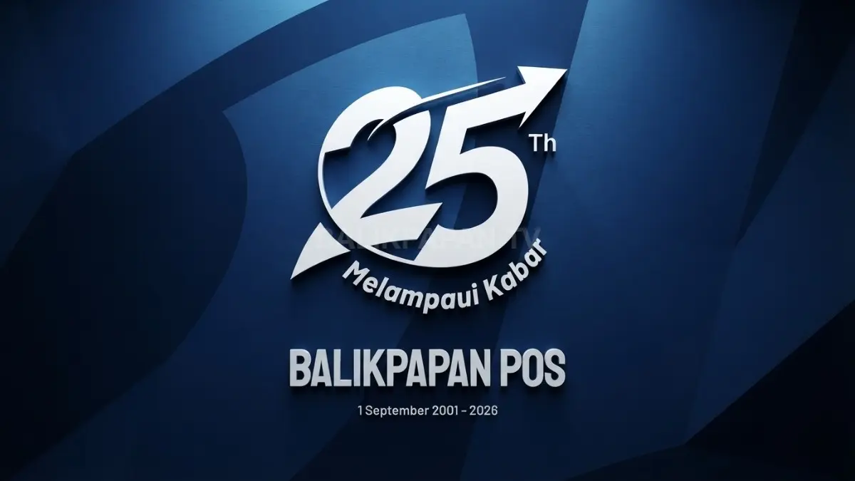 Logo HUT ke-25 Balikpapan Pos mengusung tema Melampaui Kabar sebagai simbol transformasi perusahaan. (BTV/AI)