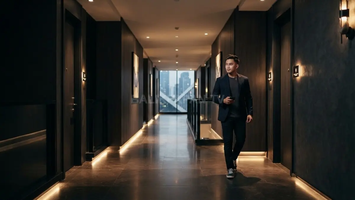 Lorong berdinding gelap dengan pencahayaan hangat menciptakan kesan dramatis, elegan, dan ilusi kedalaman ruang memikat. (BTV/AI)