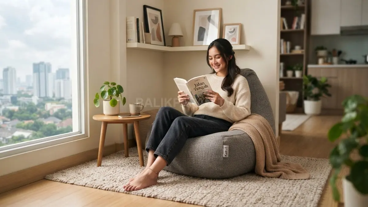 Manfaatkan sudut kecil di kamar menjadi area bersantai yang nyaman. Bean bag dan karpet lantai siap menemani waktu membaca, bekerja, atau sekadar melepas penat ( BTV/AI).