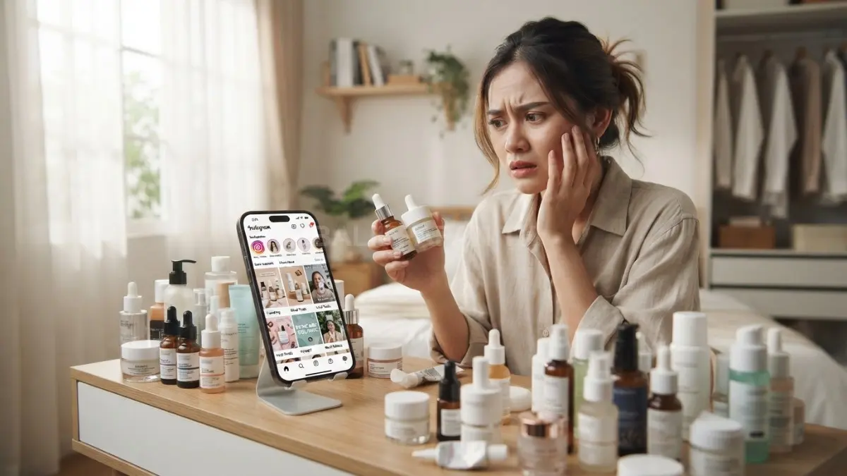 Maraknya tren kecantikan di media sosial sering memicu dorongan membeli skincare baru secara berlebihan. (BTV/Ai)
