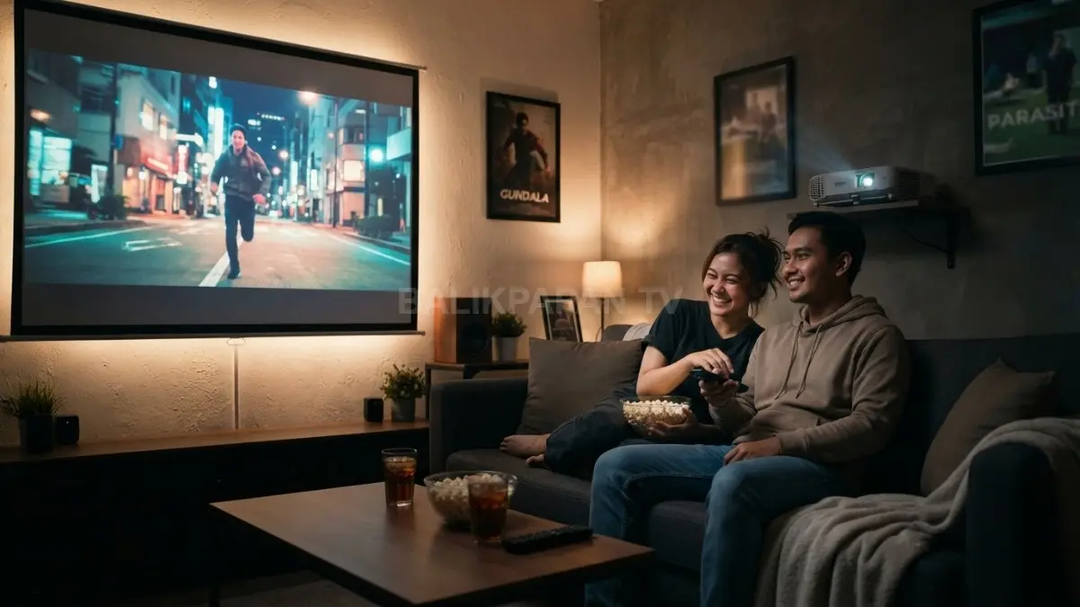 Nikmati sensasi home cinema di kamar dengan projector screen yang praktis dan estetik (BTV/AI).