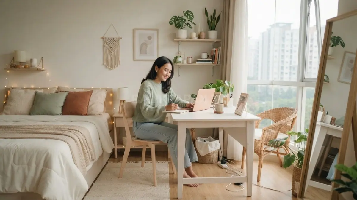 Nuansa soft, rapi, dan bersih menciptakan kamar minimalis yang estetik sekaligus nyaman untuk beraktivitas (BTV/AI).