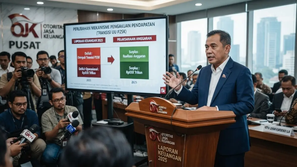 OJK menjelaskan perubahan laporan keuangan 2025 akibat transisi penerapan UU P2SK terhadap pengakuan pendapatan lembaga [BTV:AI]