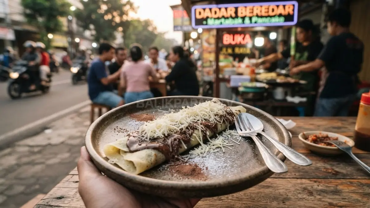 Pancake tipis Dadar Beredar dengan topping cokelat dan keju yang baru disajikan. (BTV/AI)