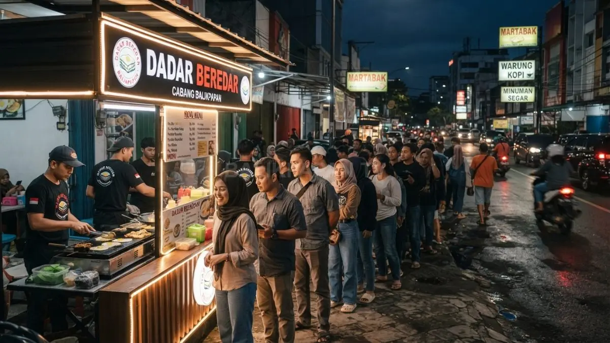 Pengunjung mengantre di gerai Dadar Beredar Balikpapan pada malam hari. (BTV/AI)