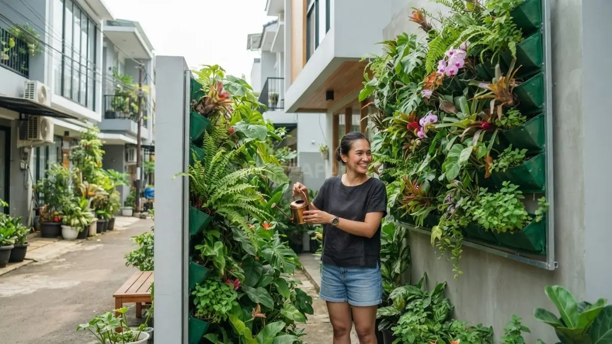 Percantik rumah minimalis dengan taman vertikal, solusi praktis menghadirkan nuansa hijau tanpa memakan banyak tempat (BTV/AI).