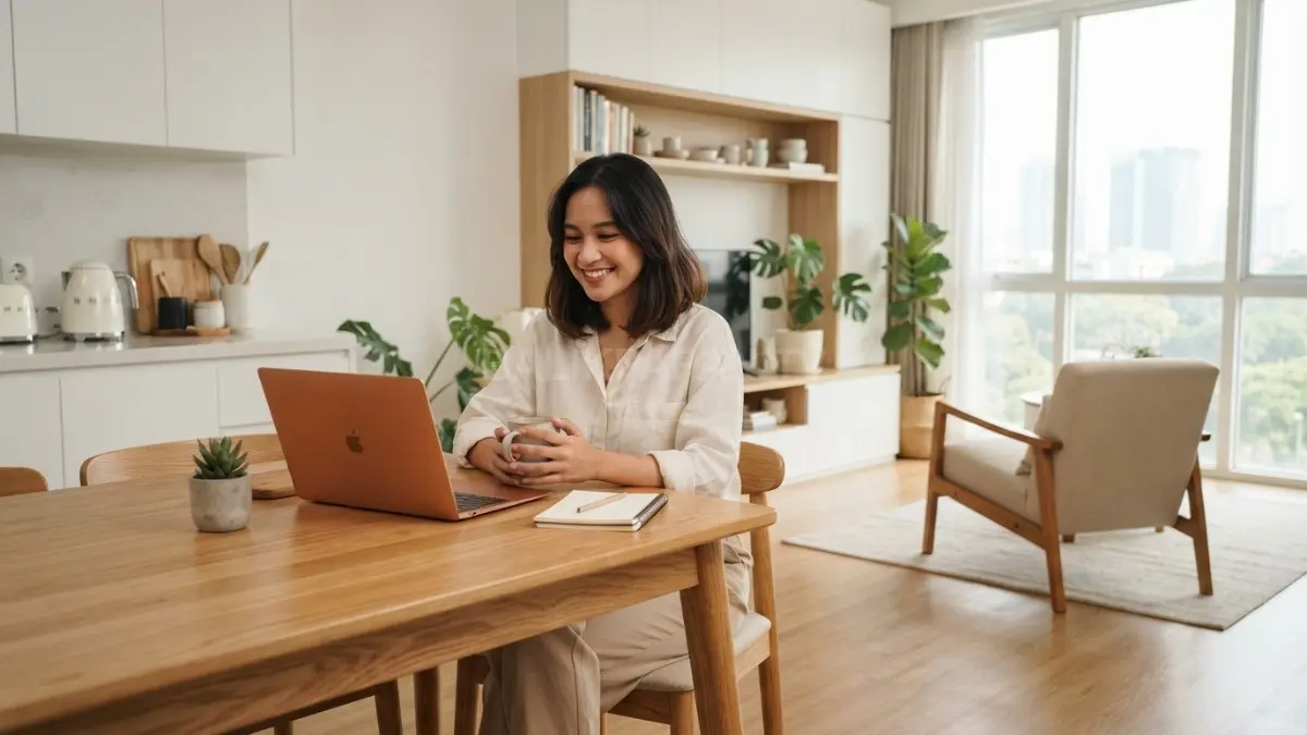 Perpaduan putih dan kayu natural menghadirkan dapur bersih, hangat, modern, nyaman, bergaya Skandinavia, elegan, alami. (BTV.AI)