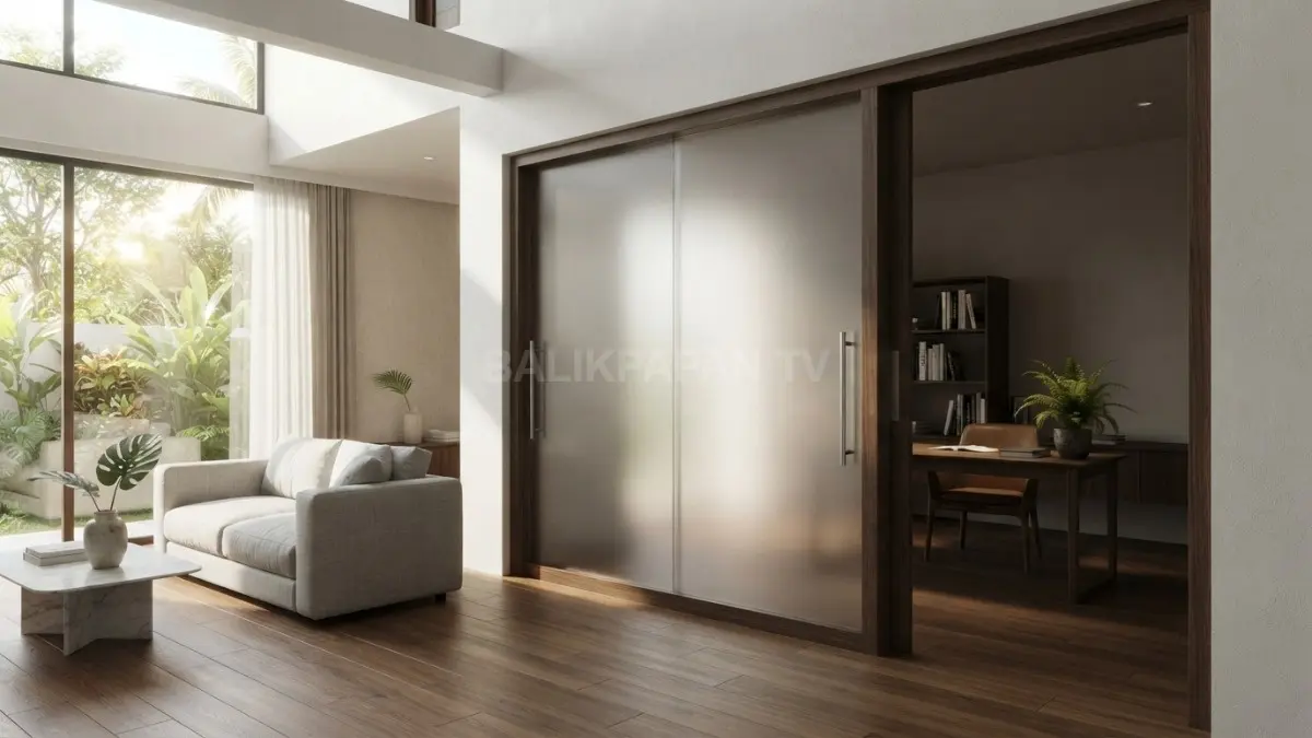 Pintu kaca buram meneruskan cahaya alami antarruangan dengan tetap menjaga privasi setiap penghuni rumah. (BTV/Ai)