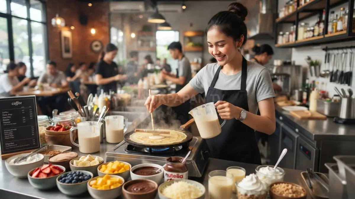 Proses pembuatan pancake tipis dengan aneka topping di dapur terbuka. (BTV/AI)