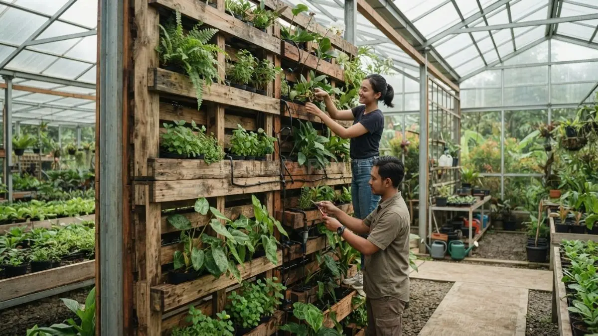 Reuse, recycle, and make it aesthetic! Taman vertikal dari kayu palet bekas bikin greenhouse makin kece (BTV/AI).