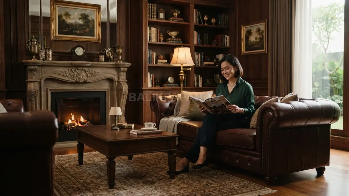 Ruang keluarga klasik Inggris menghadirkan sofa kulit, rak kayu, dan nuansa hangat elegan mewah berkelas (BTV/AI)

