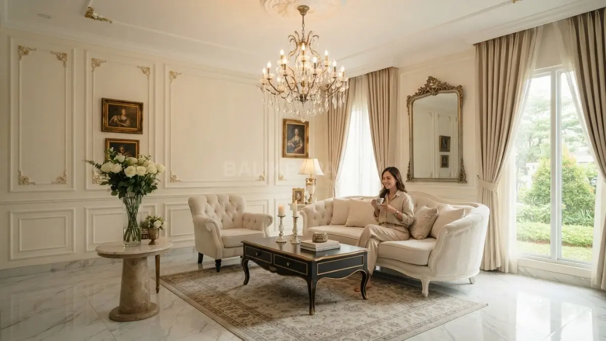 Ruang klasik Prancis menampilkan elegansi mewah dengan warna lembut, furnitur ukiran halus dan dekorasi romantis (BTV/AI)
