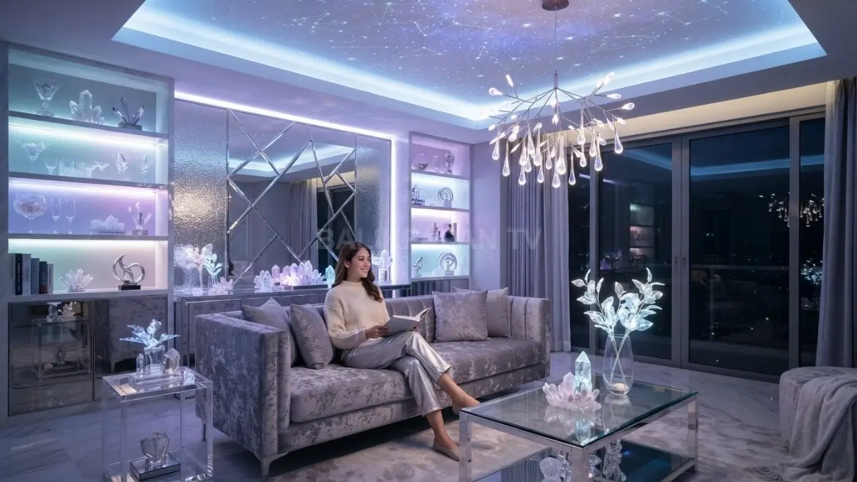 Ruang kristal bercahaya dengan lampu LED menciptakan suasana magis futuristis penuh keajaiban visual memukau. (BTV/AI)