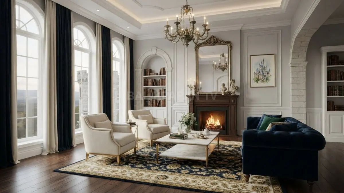 Ruang tamu bergaya kastel fantasi memadukan chandelier emas, panel klasik, dan nuansa kerajaan elegan modern megah (BTV/AI)