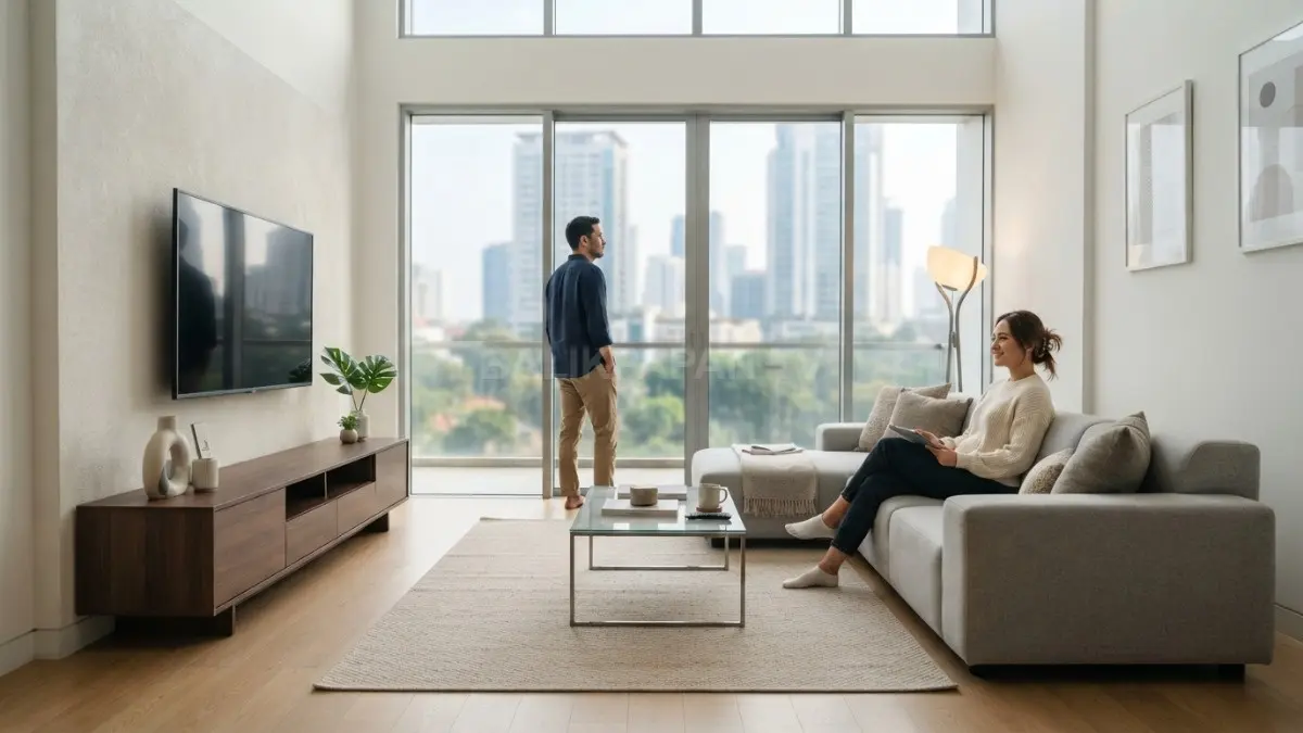 Ruang tamu dengan furnitur terbatas menghadirkan fokus visual, kenyamanan, dan kesan lapang elegan dalam hunian modern. (BTV/AI)
