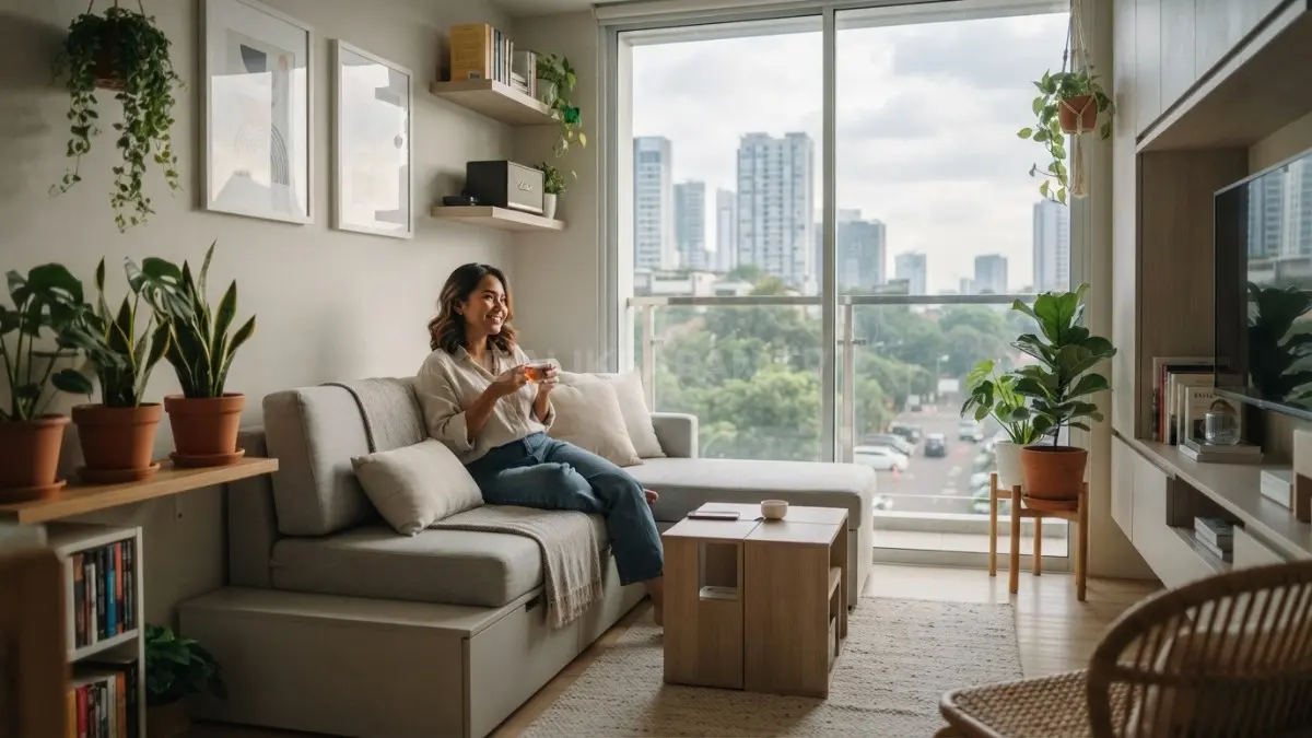 Ruang tamu kecil dengan tanaman indoor dan furnitur multifungsi bergaya minimalis menciptakan suasana nyaman BTV/AI.